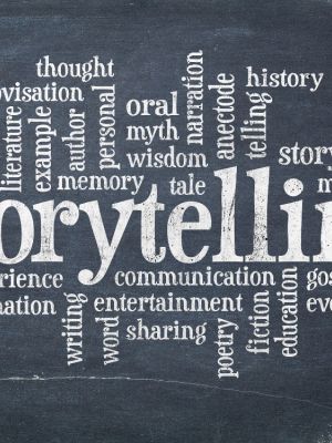 Graphic of horizontal and vertical words all connected to the main word: storytelling